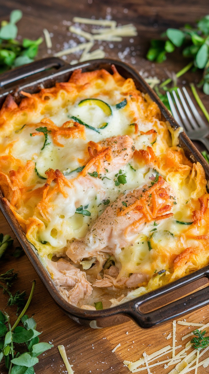 A cheesy keto chicken alfredo casserole in a rustic baking dish, topped with golden melted cheese and surrounded by fresh herbs.
